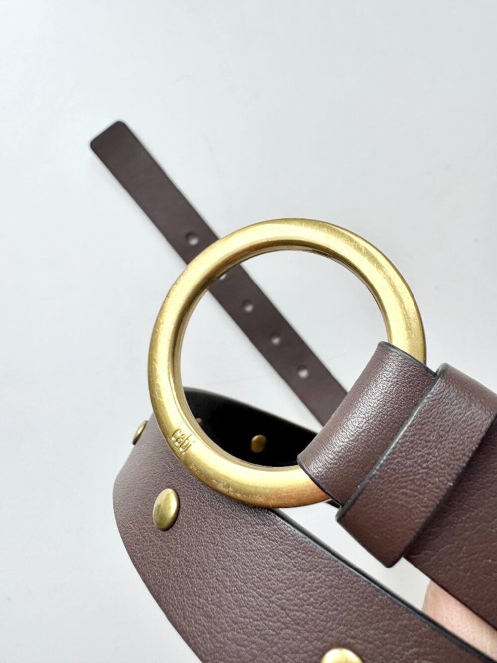 CABI Brown Leather Gold Tone Studded Stud Closure Waist Belt, Size S - Picture 8 of 12